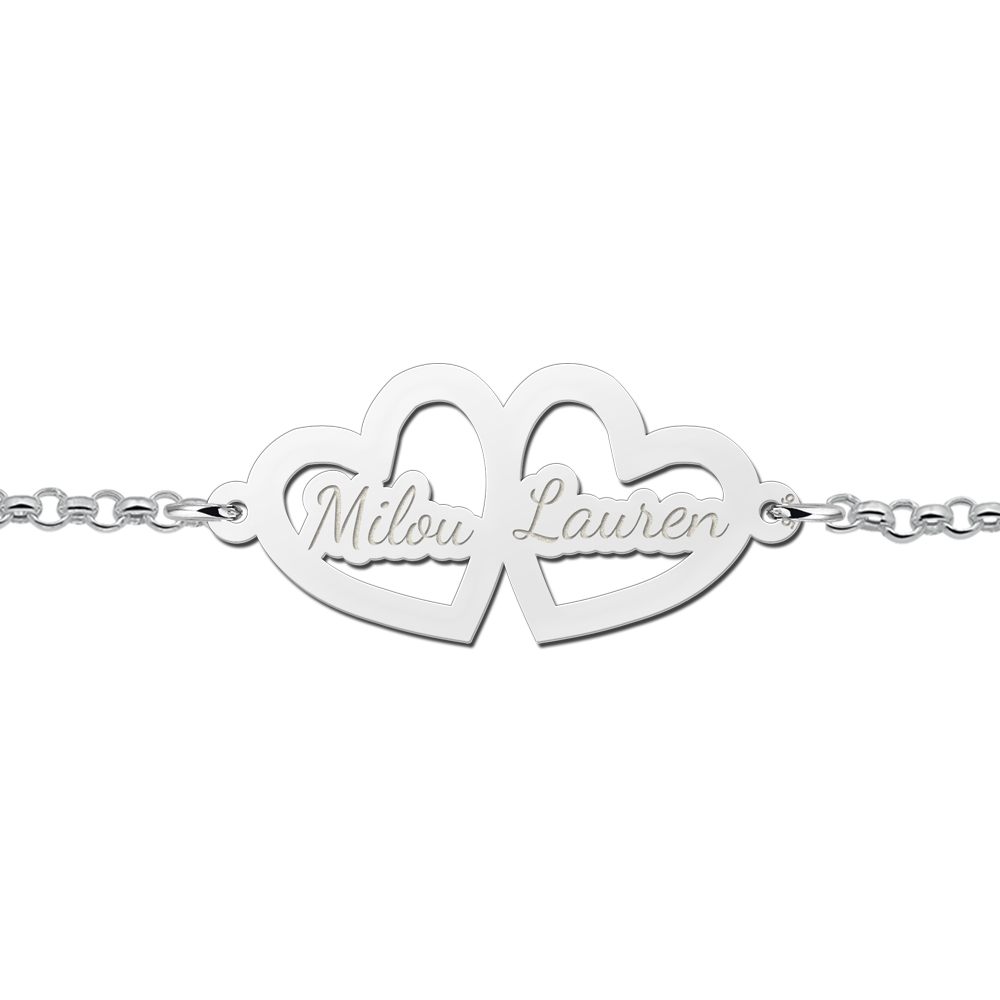 Silver bracelet with two hearts and engraving