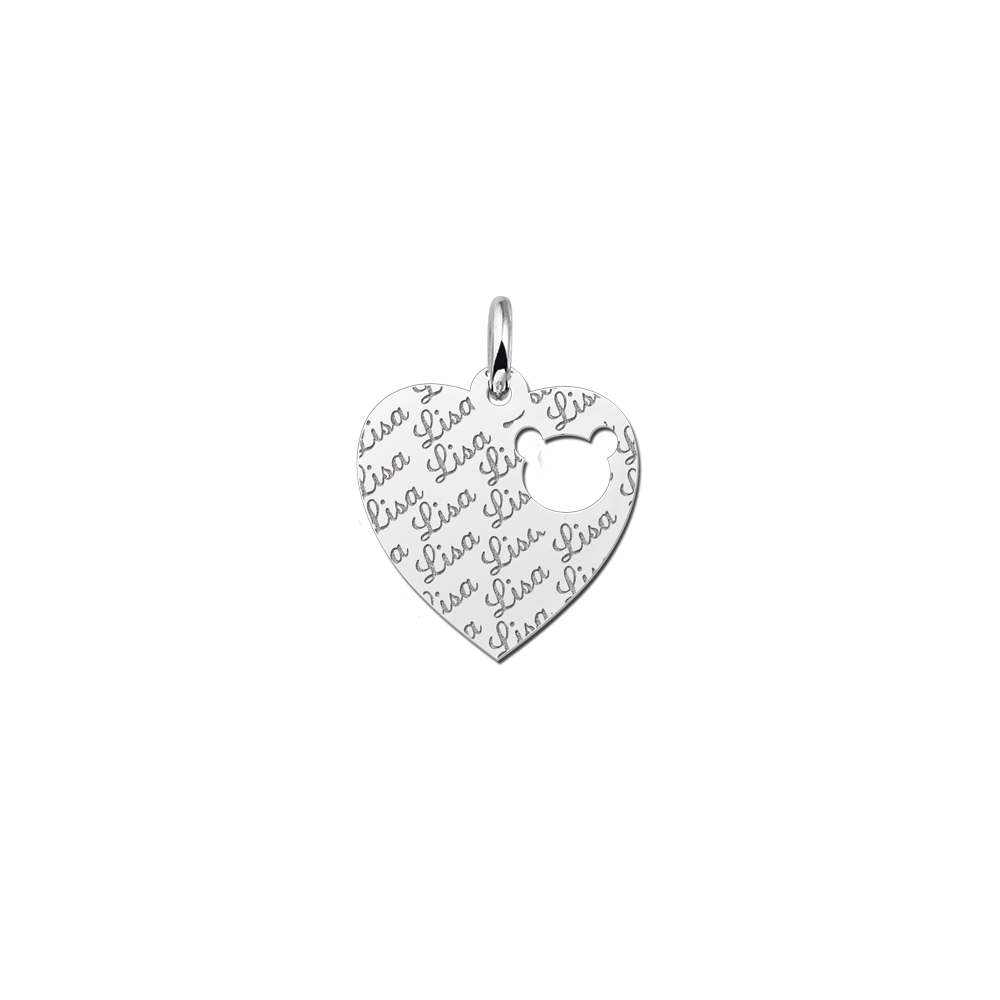 Fully Engraved Silver Heart Necklace with Bearhead