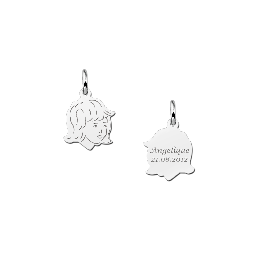 Girls child head silver pendant with back engraving - small