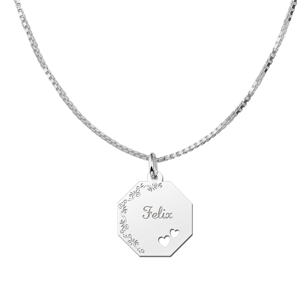 Solid Silver Necklace with Name, Flowerborder and Hearts