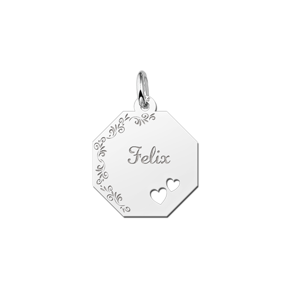 Solid Silver Necklace with Name, Flowerborder and Hearts
