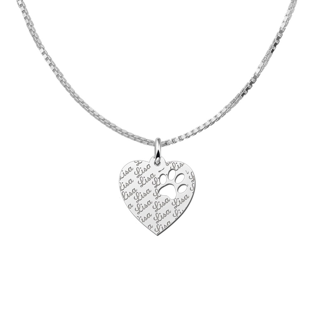 Repeatedly Engraved Silver Heart Pendant, with Dog Paw