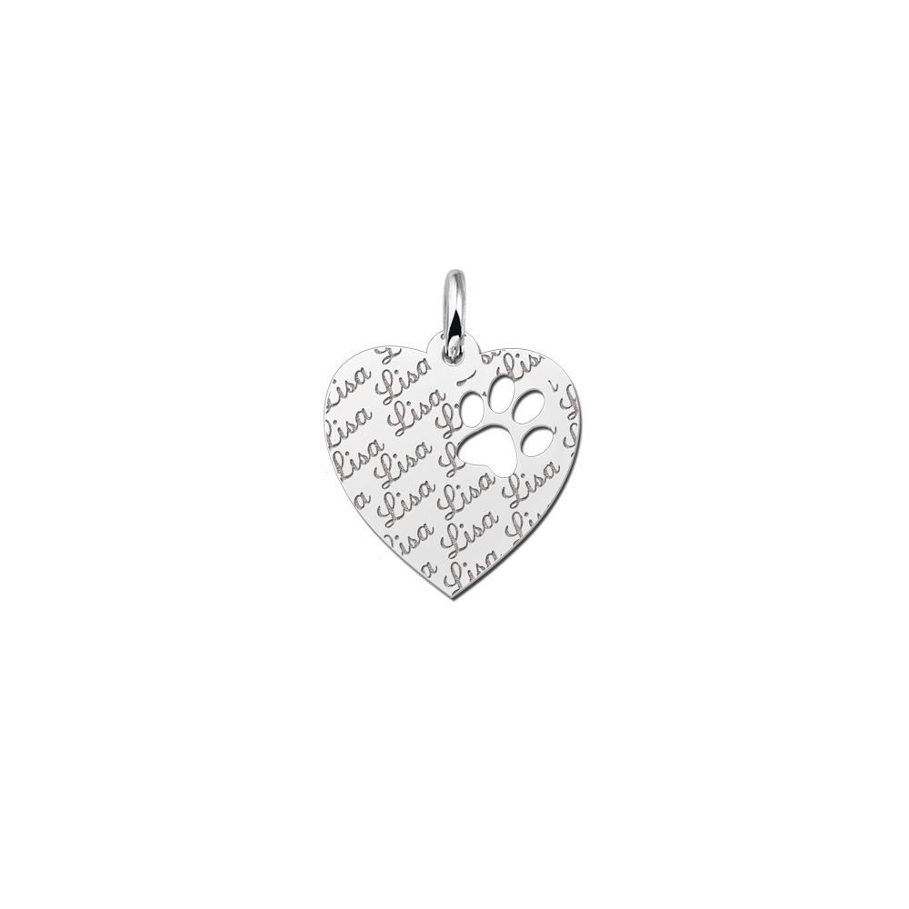 Repeatedly Engraved Silver Heart Pendant, with Dog Paw