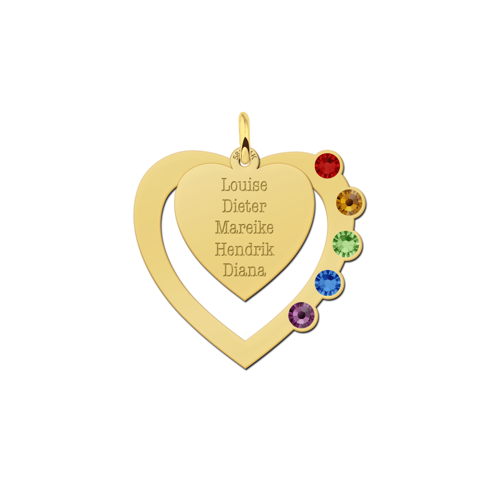 14K gold family heart pendant with names and birthstones