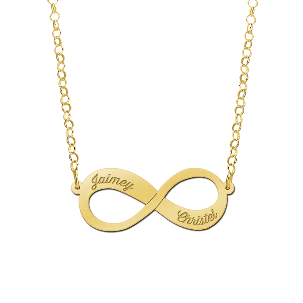 Gold infinity necklace with two engraved names