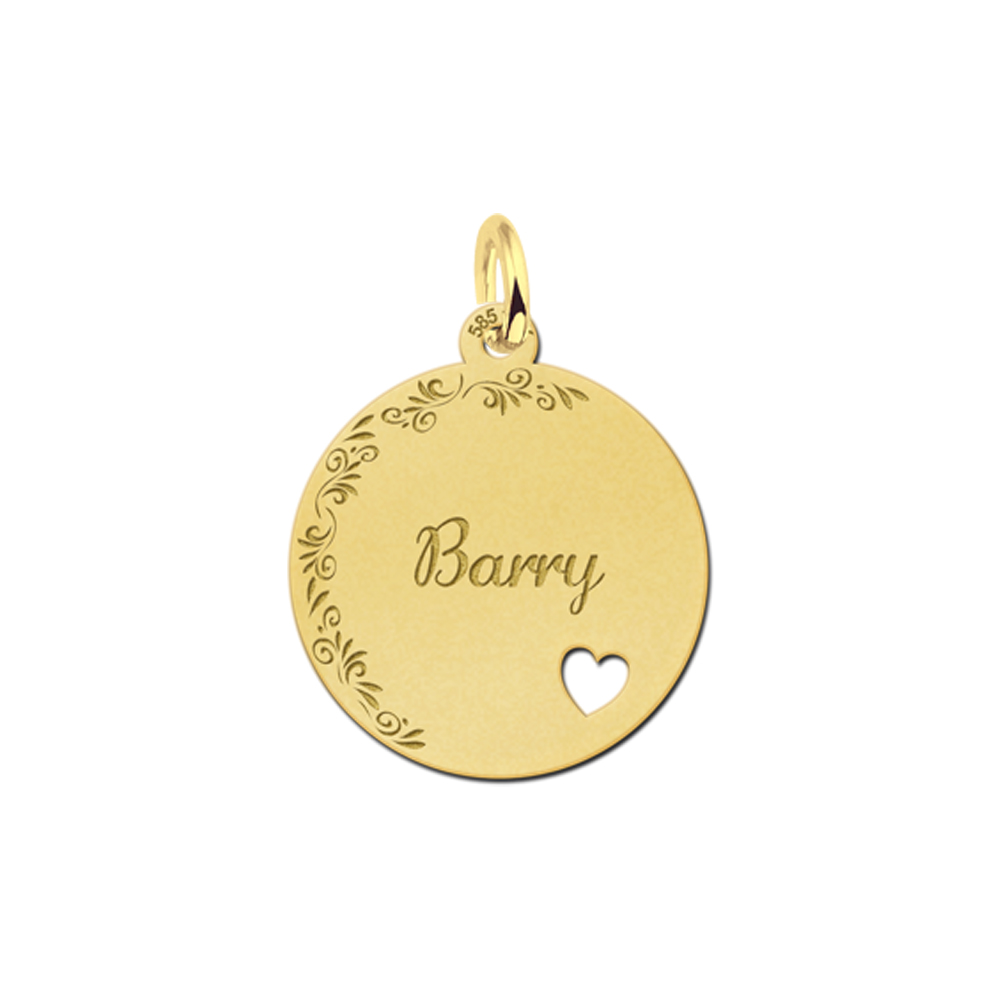 Gold Disc Necklace With Name, Flowers and Small Heart
