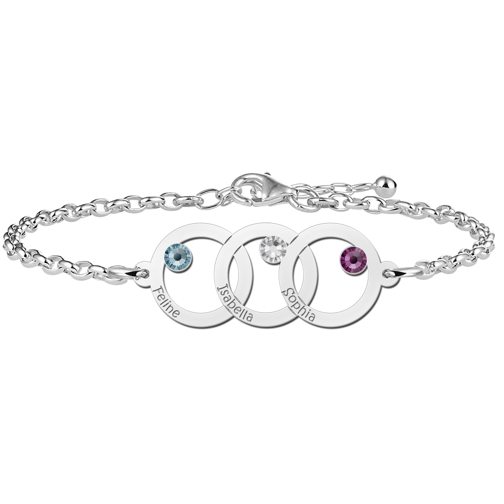 Mother daughter bracelet silver with three circles and birthstone