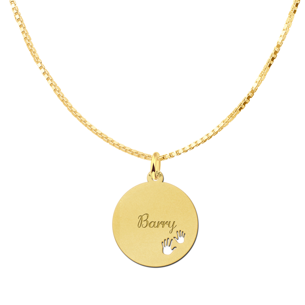 Gold Disc Necklace with Name and Hands