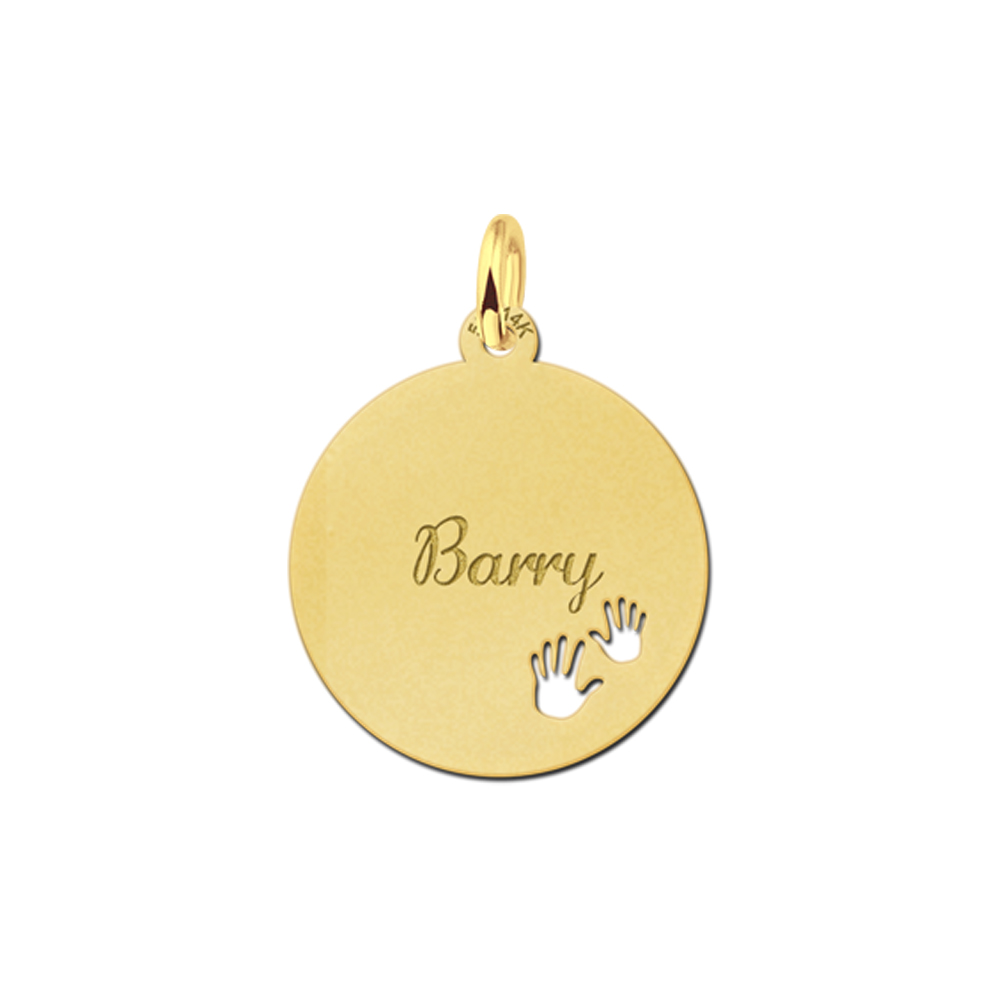 Gold Disc Necklace with Name and Hands