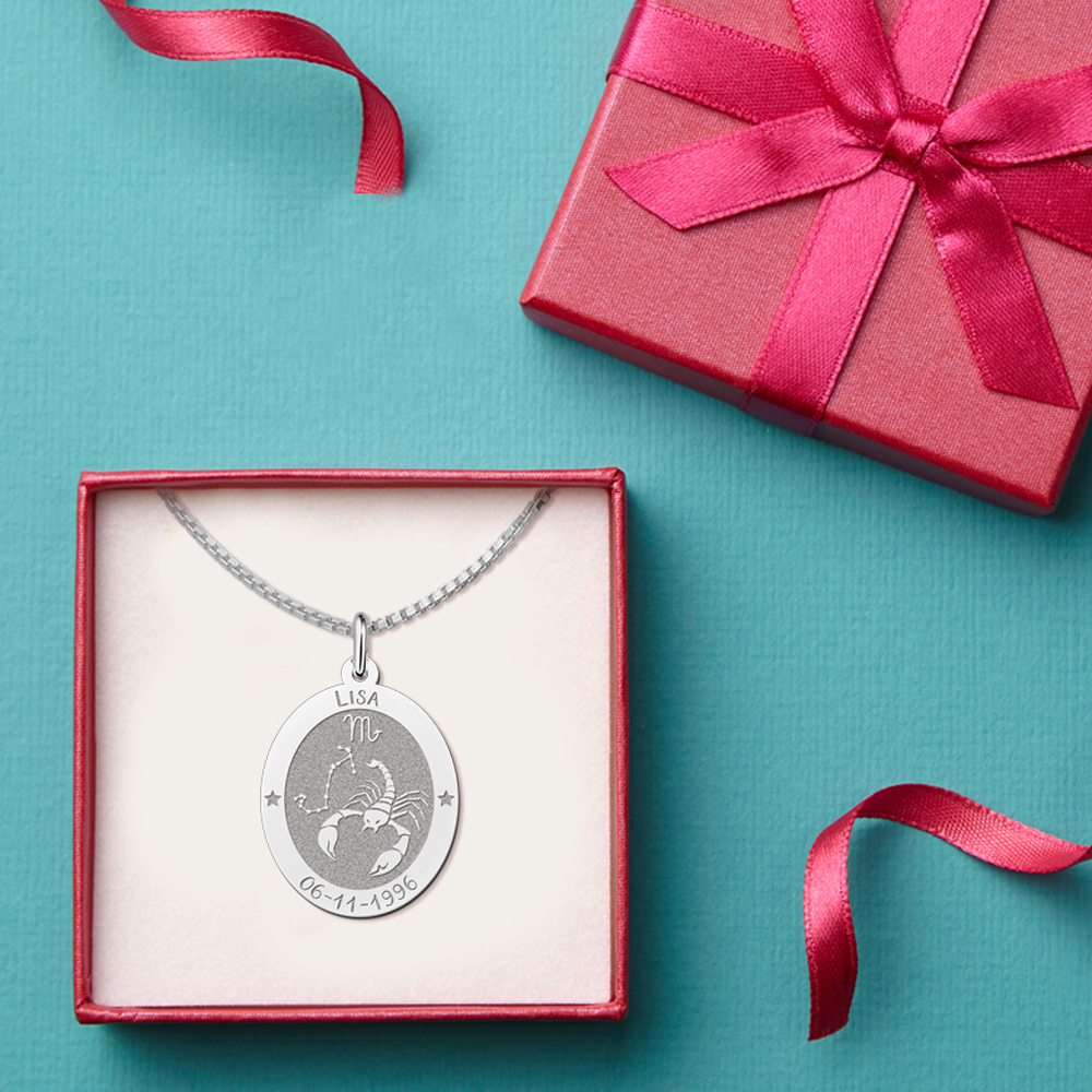 Silver Oval Zodiac Pendant Scorpio with Name Engraving