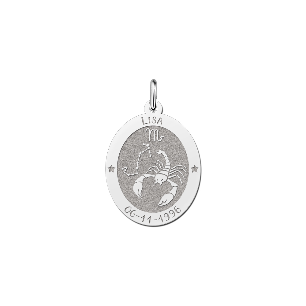 Silver Oval Zodiac Pendant Scorpio with Name Engraving