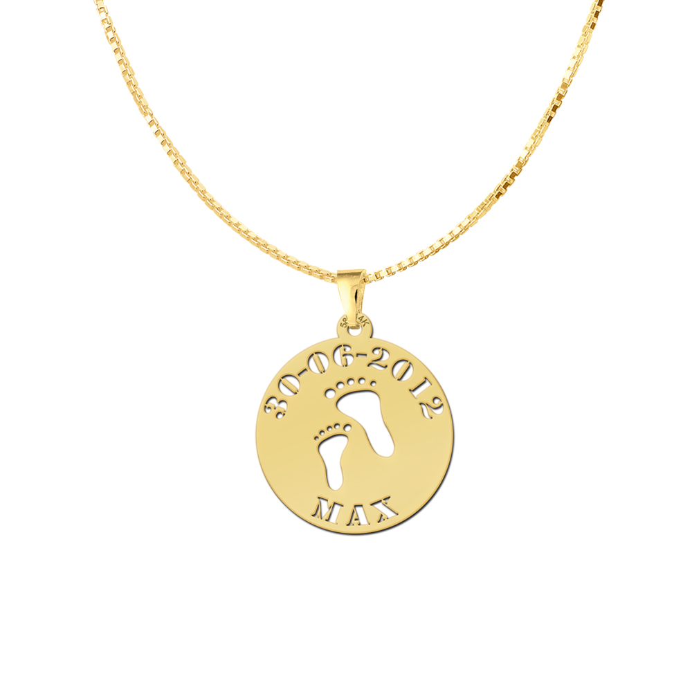 Golden Baby Pendant - Baby Feet with Name and Date