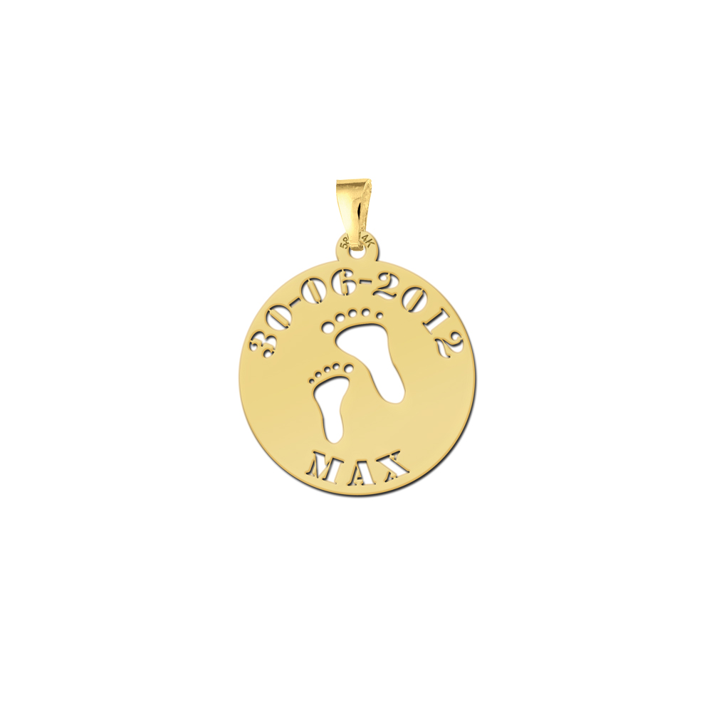 Golden Baby Pendant - Baby Feet with Name and Date