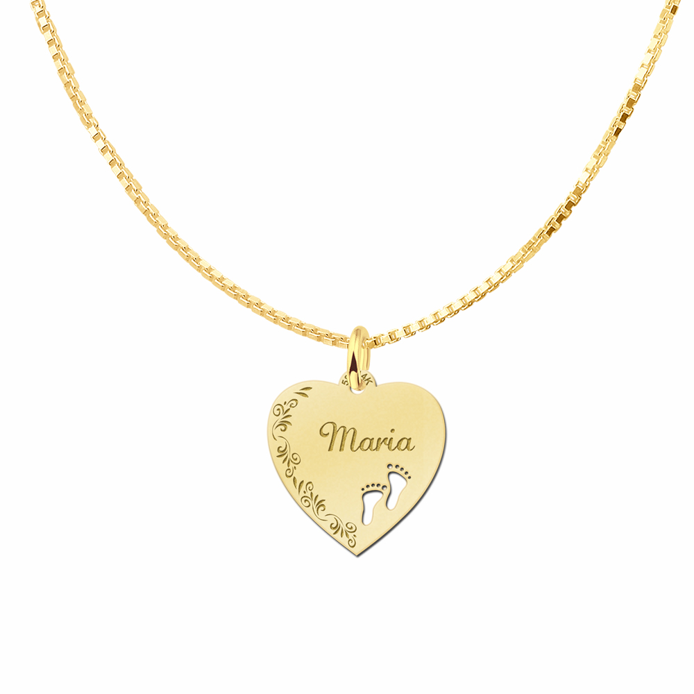 Golden Engraved Heart Necklace with Flowerboarder and two Feet