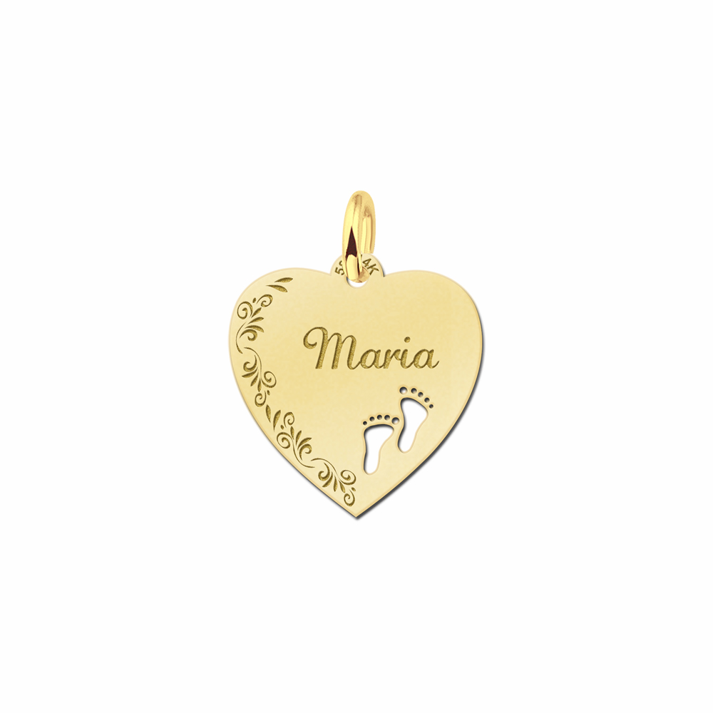 Golden Engraved Heart Necklace with Flowerboarder and two Feet