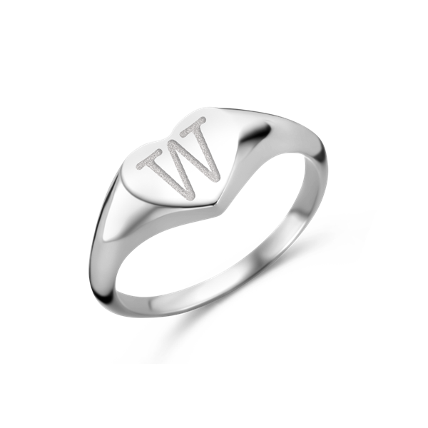 Heart-shaped silver signet ring with an initial