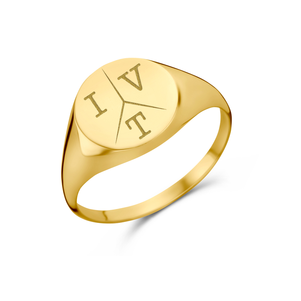 Round gold signet ring with three initial