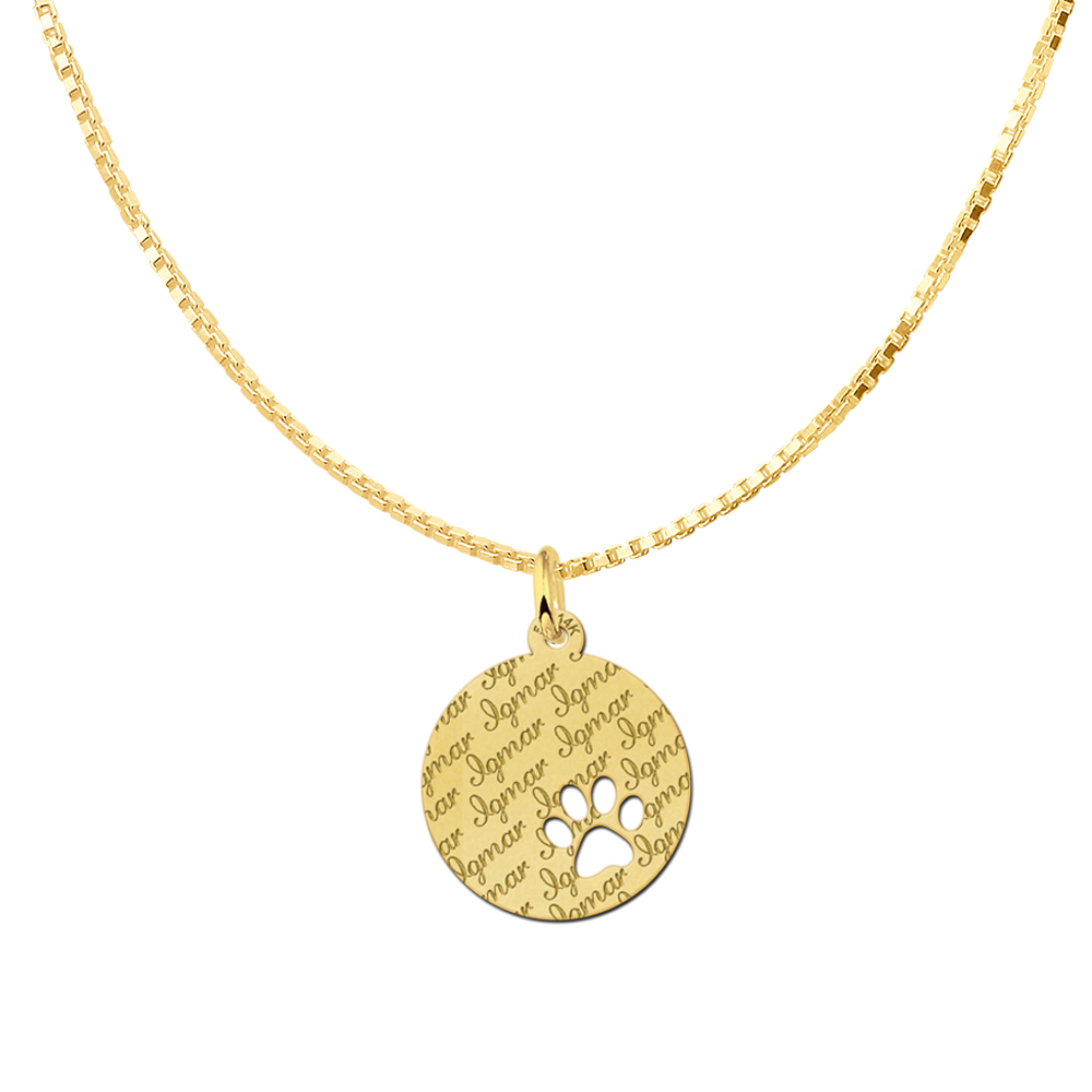 Gold Disc Necklace with Dog Paw, Fully Engraved