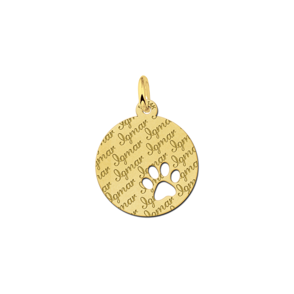 Gold Disc Necklace with Dog Paw, Fully Engraved