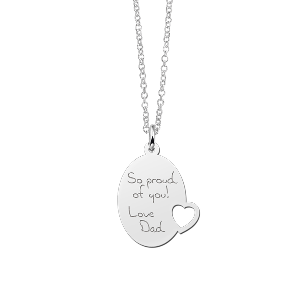 Silver Oval Pendant with Heart Engraved with Text