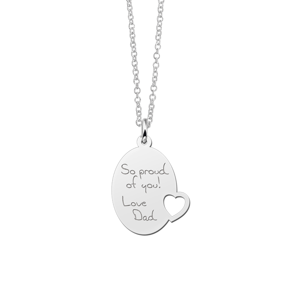 Silver Oval Pendant with Heart Engraved with Text