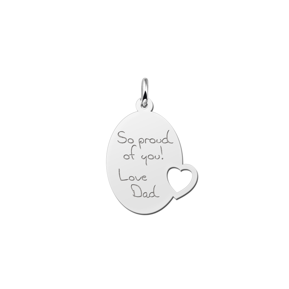 Silver Oval Pendant with Heart Engraved with Text