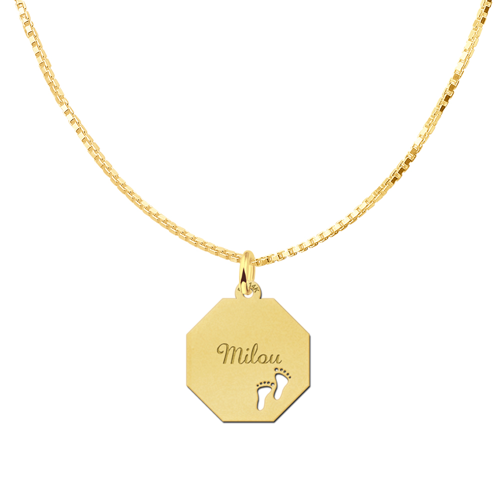 Gold Octagon Pendant with Name and Babyfeet
