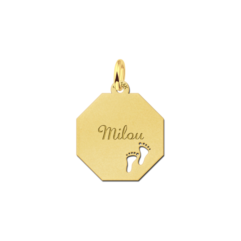 Gold Octagon Pendant with Name and Babyfeet