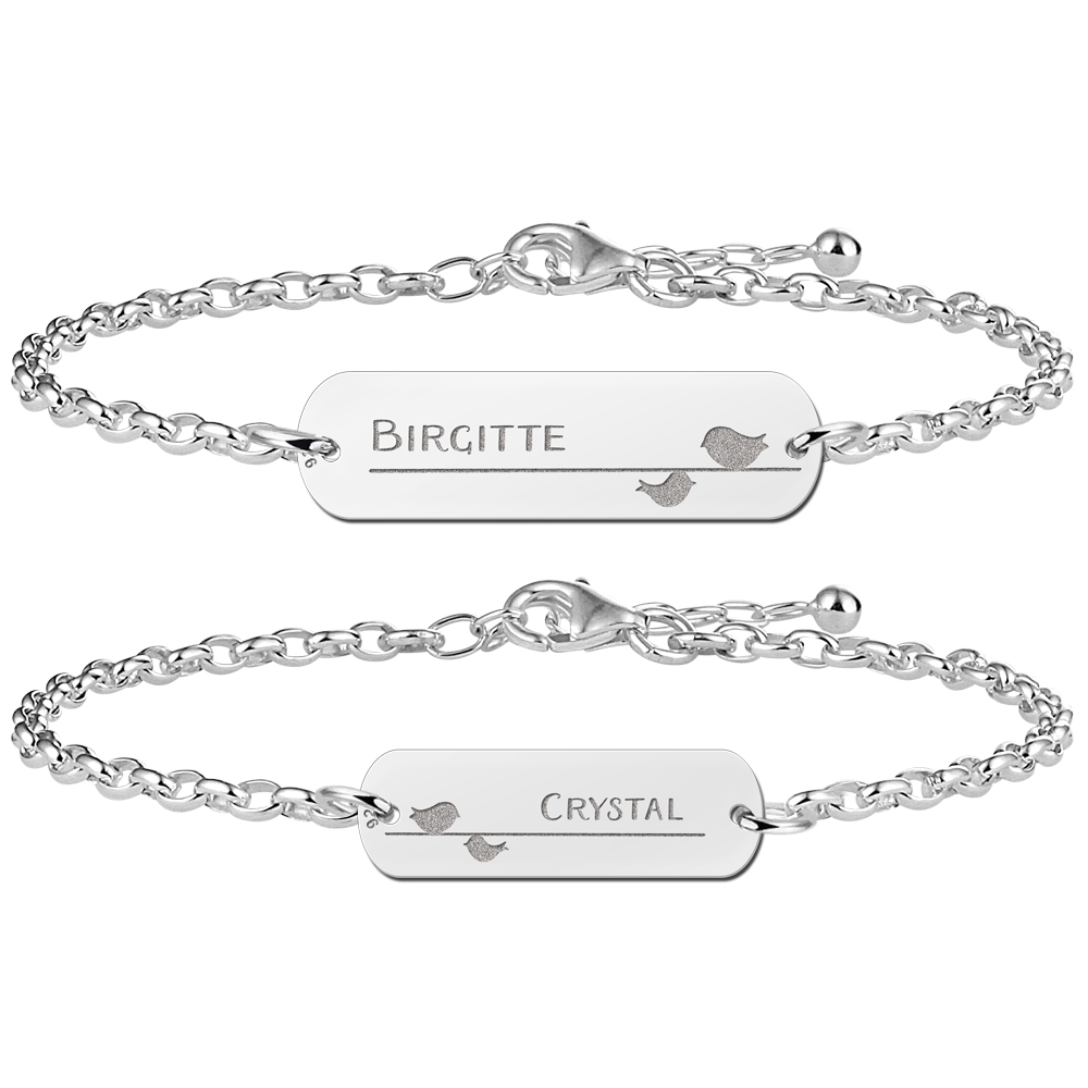 Silver mother-daughter-bracelet bar with name and birds