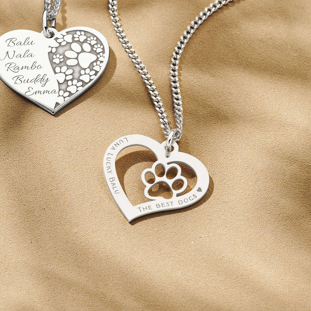 Silver heart pendant with paw print and engraving