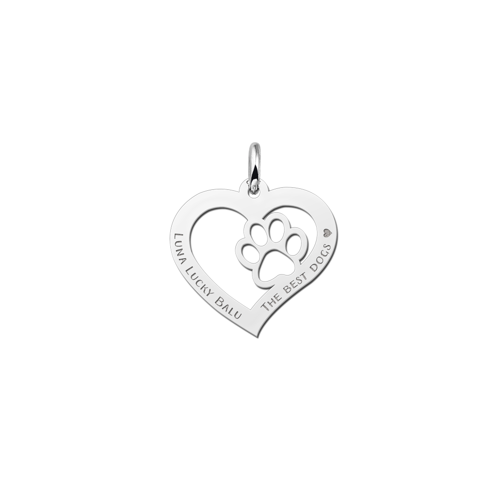 Silver heart pendant with paw print and engraving