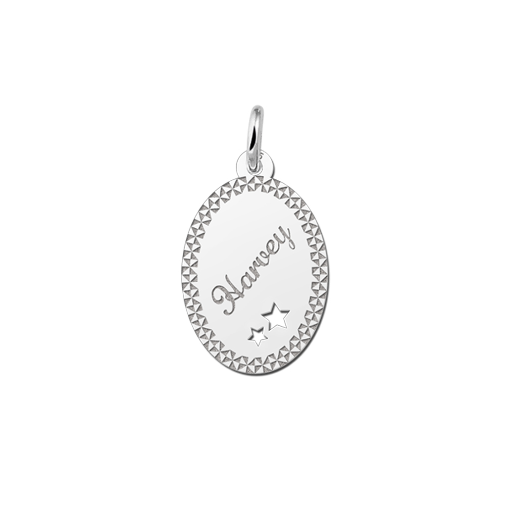 Silver Oval Pendant with Name, Border and Stars