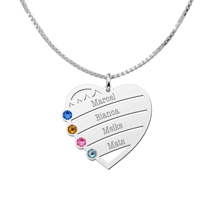 Birthstones with names in silver pendant