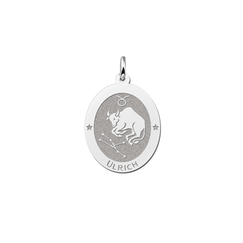 Silver Oval Zodiac Pendant Taurus with Name Engraving