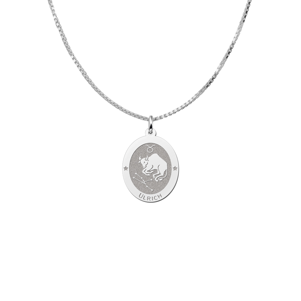 Silver Oval Zodiac Pendant Taurus with Name Engraving
