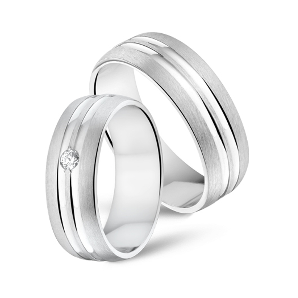 Silver couples rings polished and matted bands with cubic ziconia
