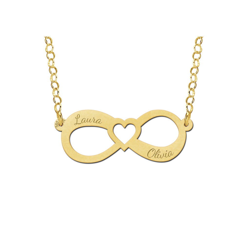 Gold infinity necklace with two names and heart