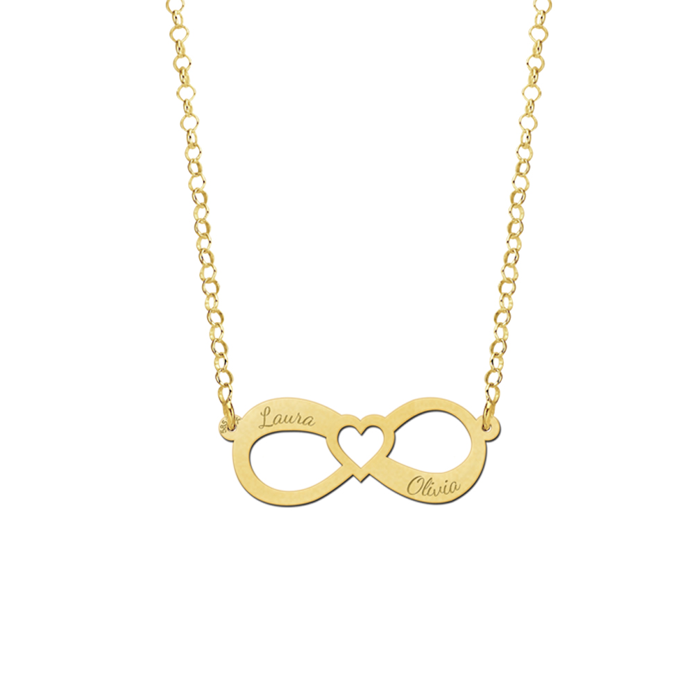 Gold infinity necklace with two names and heart