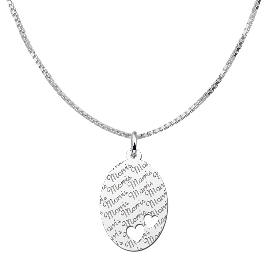 Silver oval pendant name pattern & two hearts