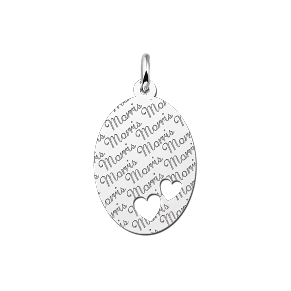 Silver oval pendant name pattern & two hearts