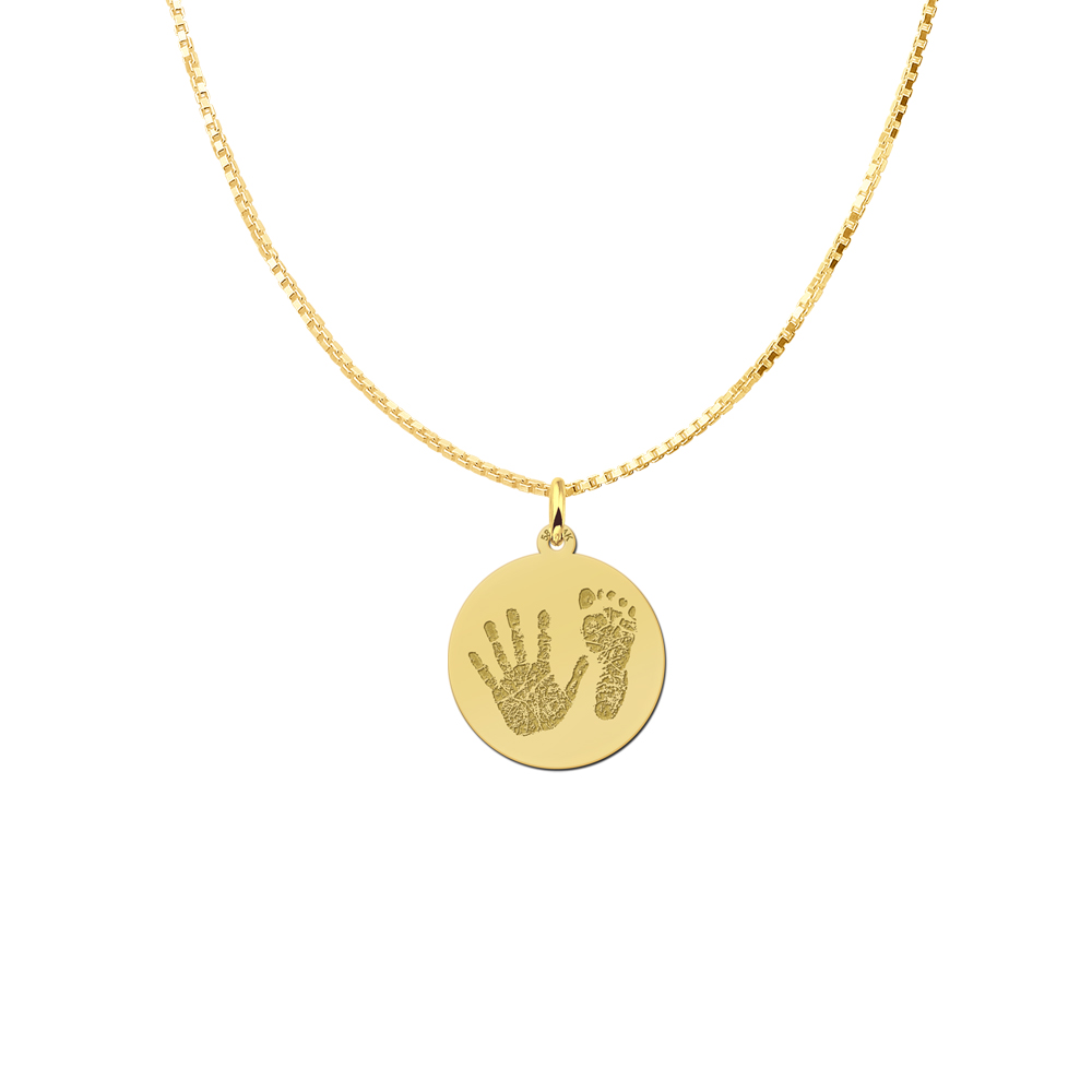 Gold round handprint pendant