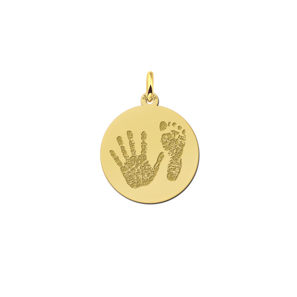 Gold round handprint pendant