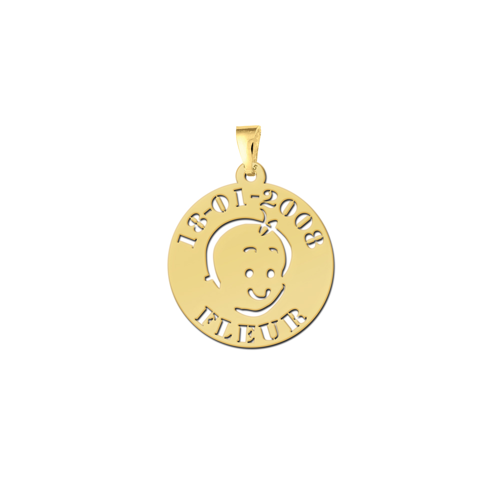 Gold plated baby pendant baby face with name and date