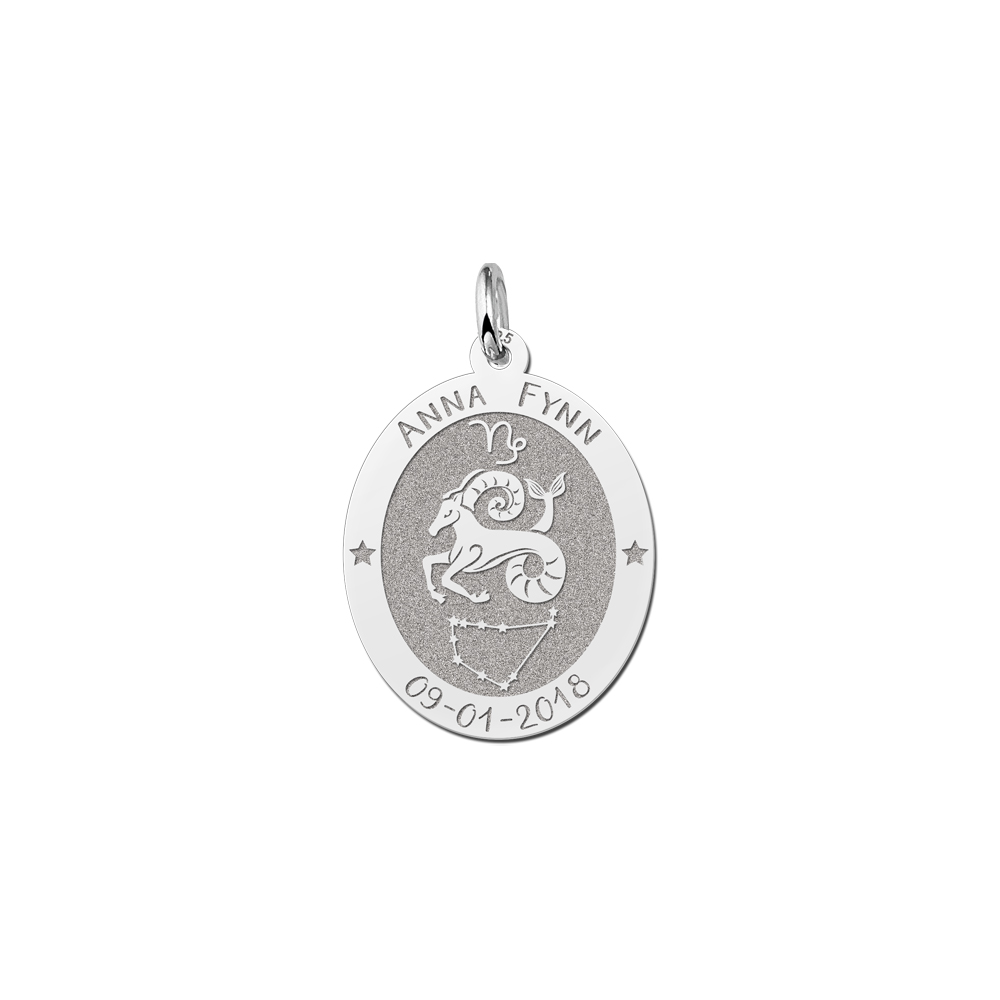 Silver Oval Zodiac Pendant Capricorn with Name Engraving
