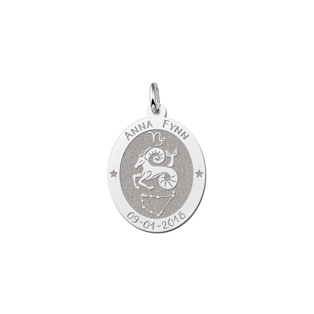 Silver oval zodiac pendant Capricorn