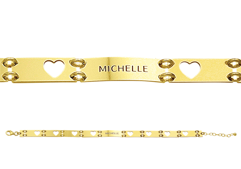 Gold bracelet with one name and cut out hearts