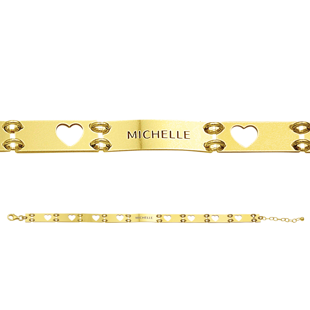 Gold bracelet with one name and cut out hearts