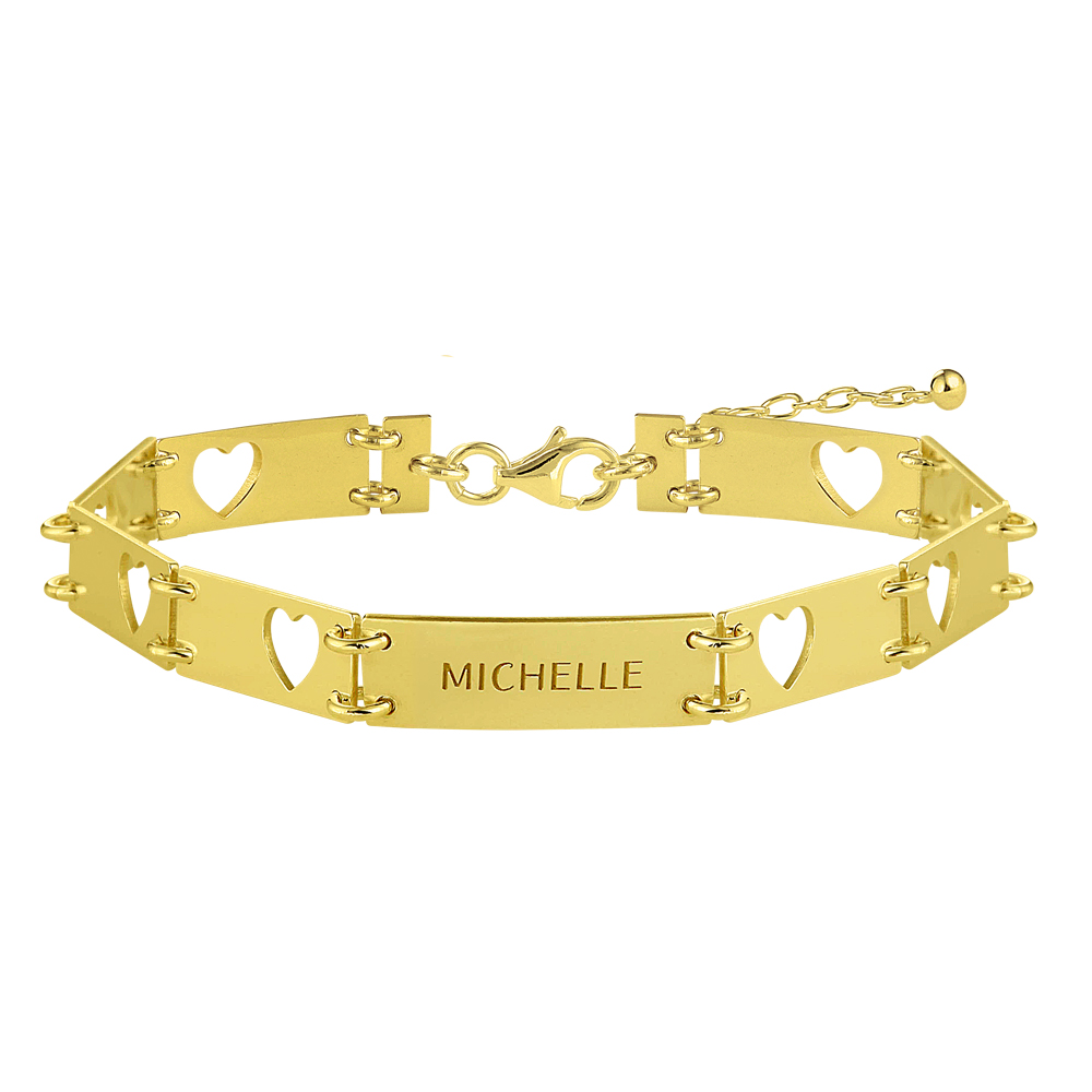 Gold bracelet with one name and cut out hearts