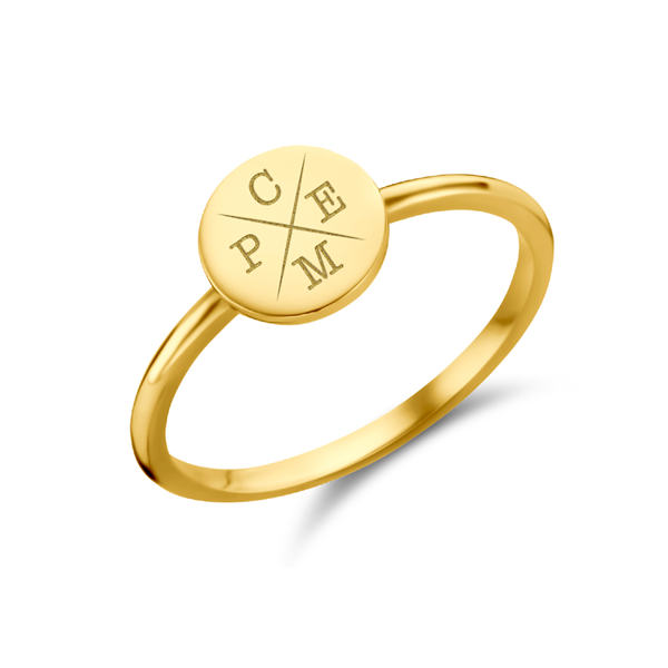 Disc gold signet ring with four initial