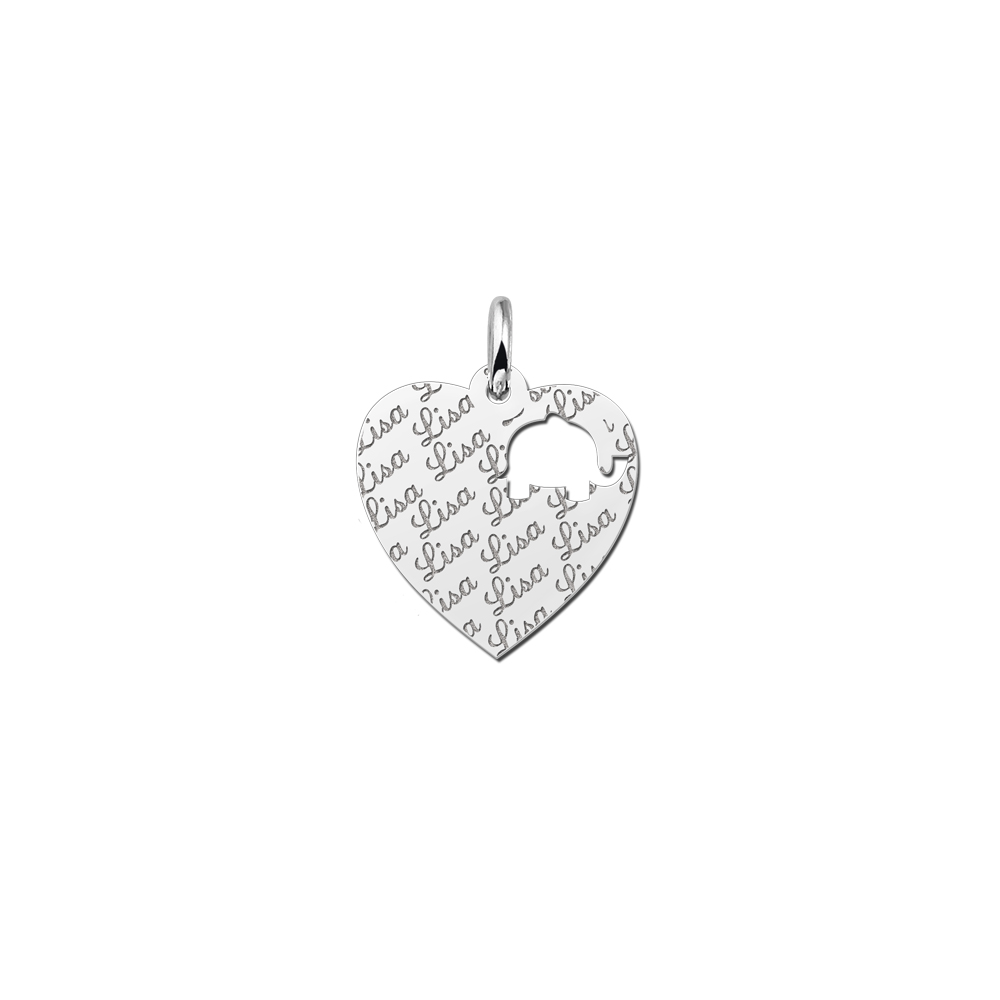 Repeatedly Engraved Silver Heart Necklace with an Elephant